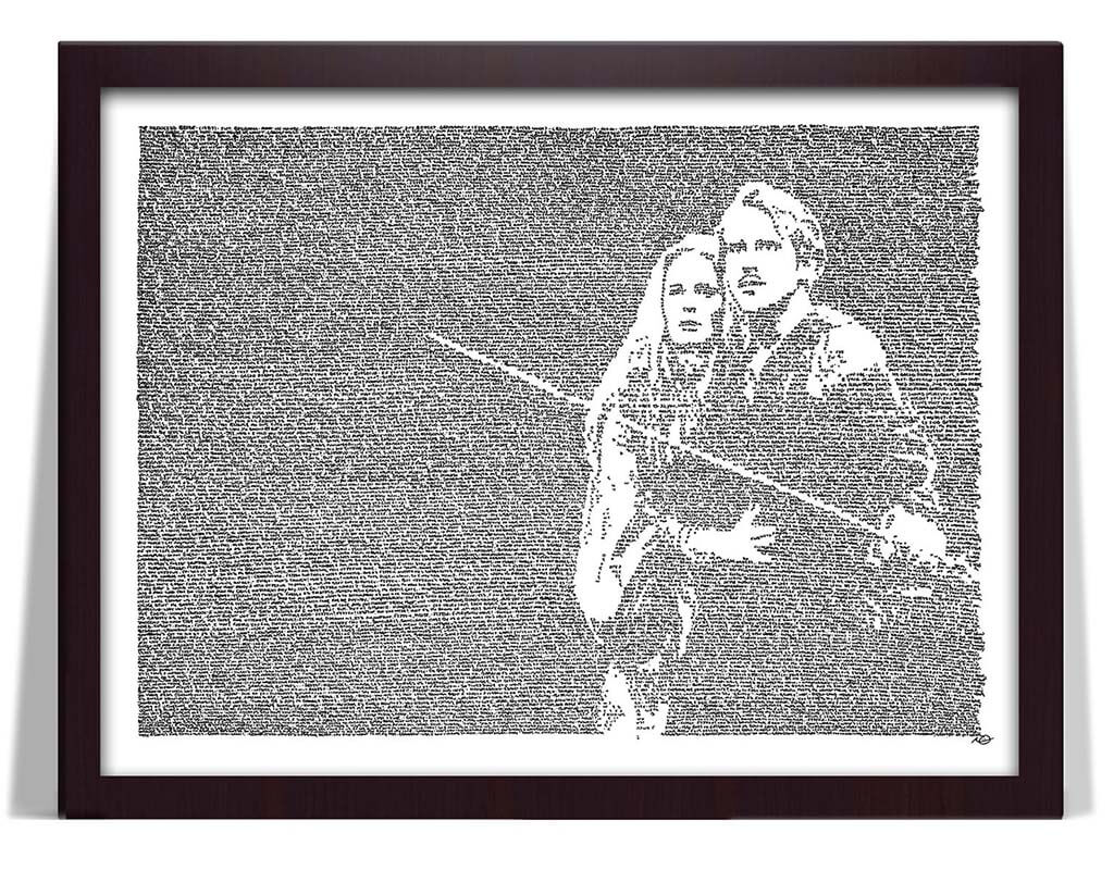 Poster of Westley and Buttercup made up of text from the film script by Linebylineposters