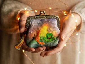 Coin purse with embroidered scene of Little Prince and Fox watching the sunset by InsomniaEmbroidery