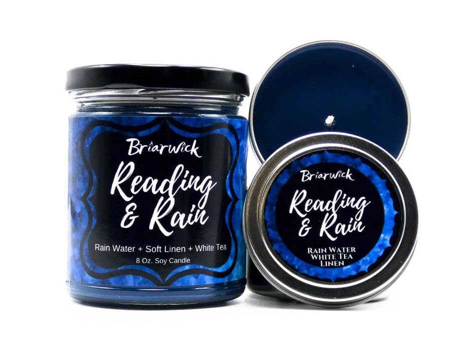 Blue candle called "reading and rain" by BriarWick