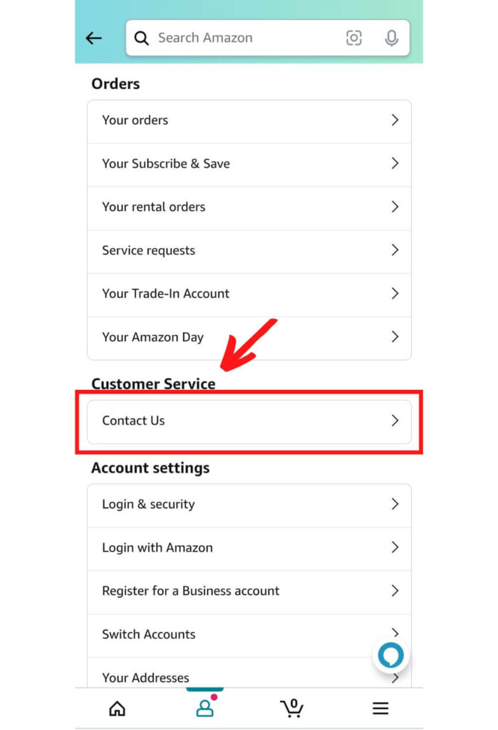 Screenshot of Amazon app showing the "contact us" button
