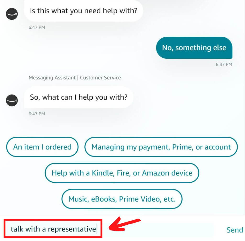 Amazon customer service chat bot with typing "talk with a representative" in the chat box