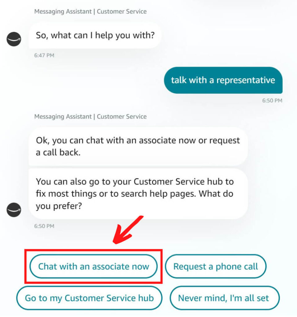 Screenshot of amazon customer service chat with a button reading "chat with an associate now"