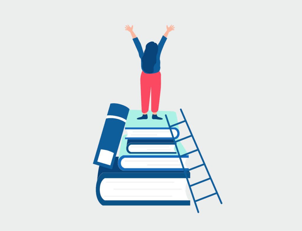 Illustration of a girl standing on top of a stack of books with her hands raised in the air