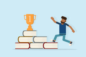 Illustration of a man running up steps made of books toward a large trophy