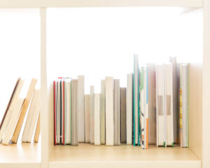 Books sitting on shelf near a window with lots of light