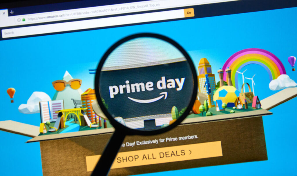 Picture of the Amazon Prime Day webpage that says "Prime Day" and "Shop All Deals"
