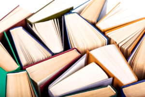 Books grouped together in zig-zag formation like puzzle pieces