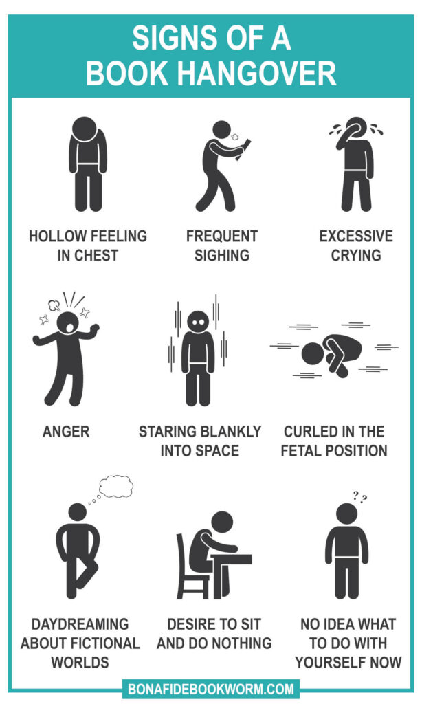 Infographic of stick figures showing the signs of a book hangover